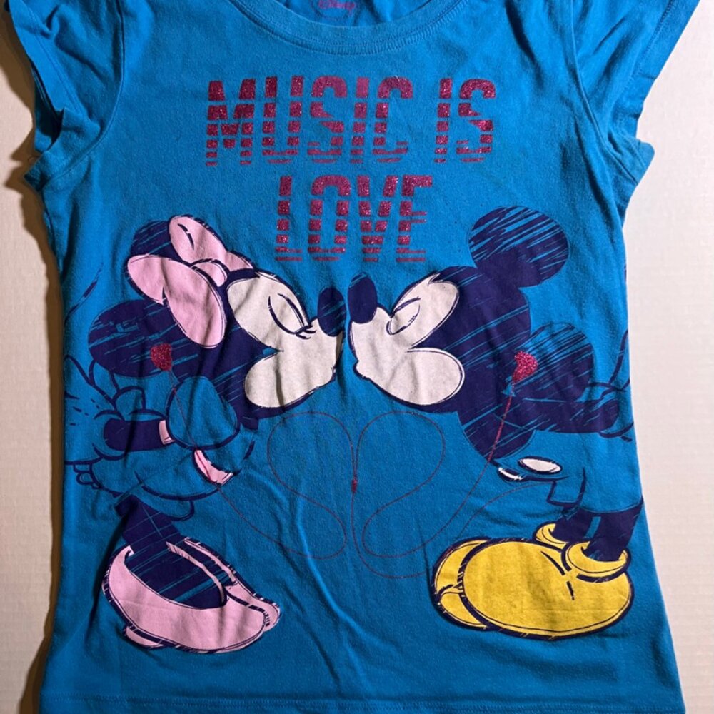 Disney Girls XL 14/16 Blue Pink Minnie Mickey‎ Mouse Music is Love Heart T-Shirt